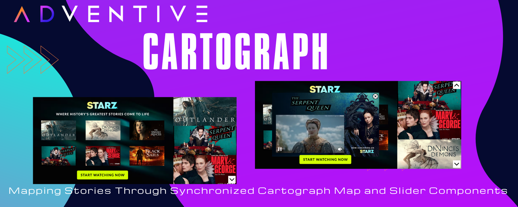 Introducing our Cartograph components. A Starz period drama ad is shown on the image that utilizes the cartograph map and slider.